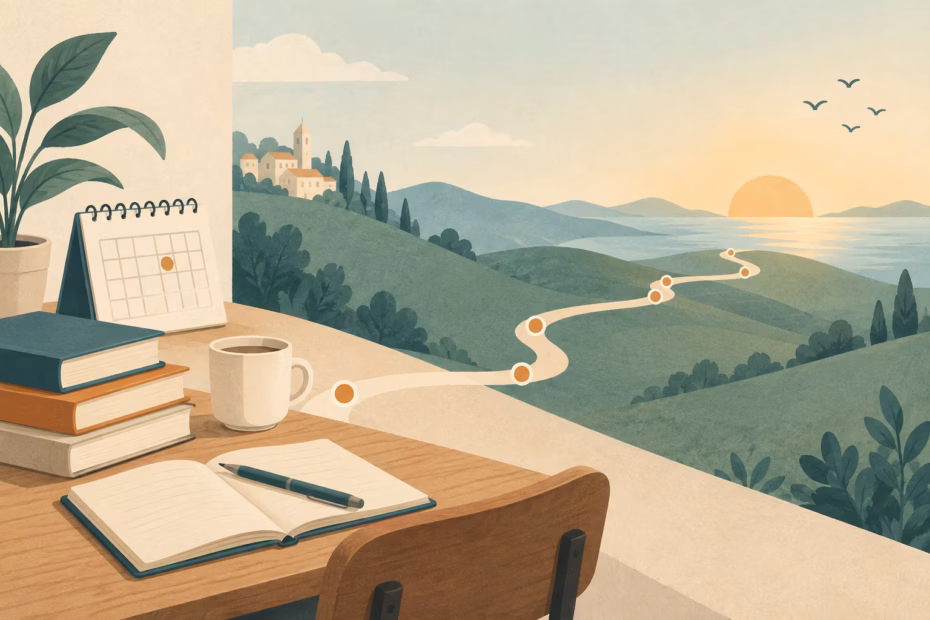 An illustrated path with milestones shows progress up to the present point.