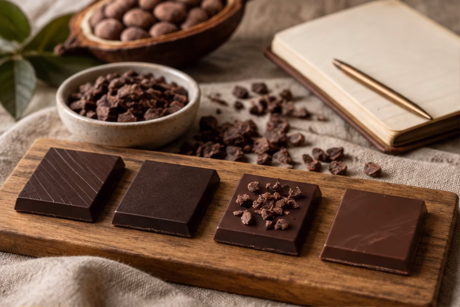 Assorted dark chocolate squares, cocoa nibs, and a tasting notebook arranged on a wooden board