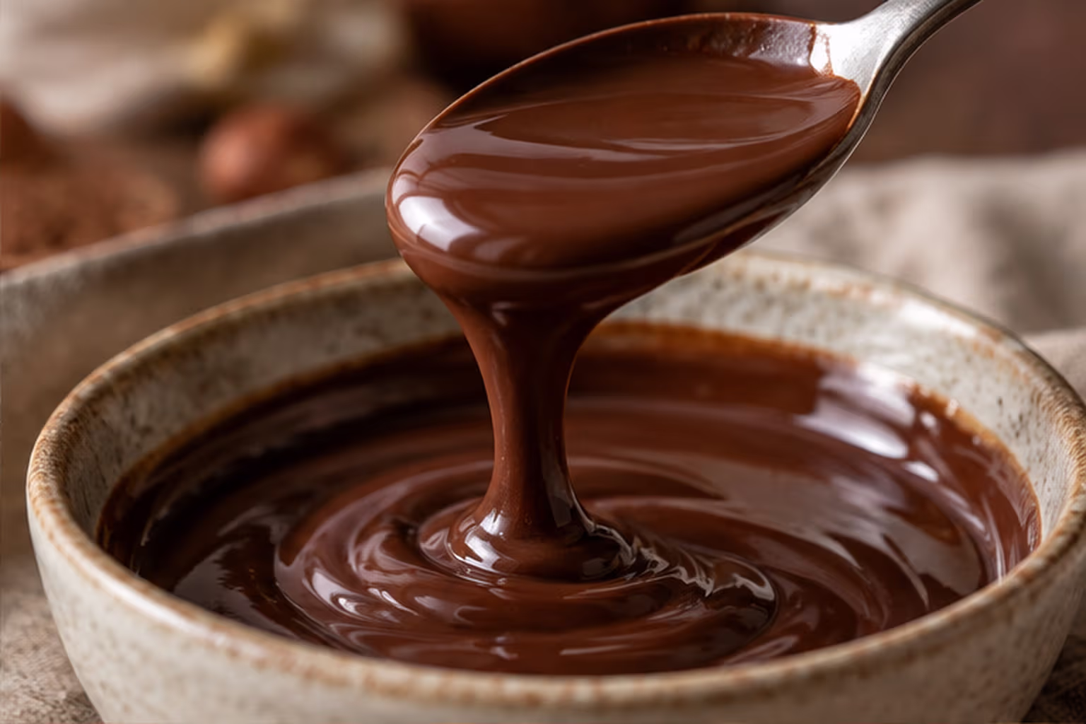 Glossy chocolate ganache flowing from a spoon into a small ceramic bowl