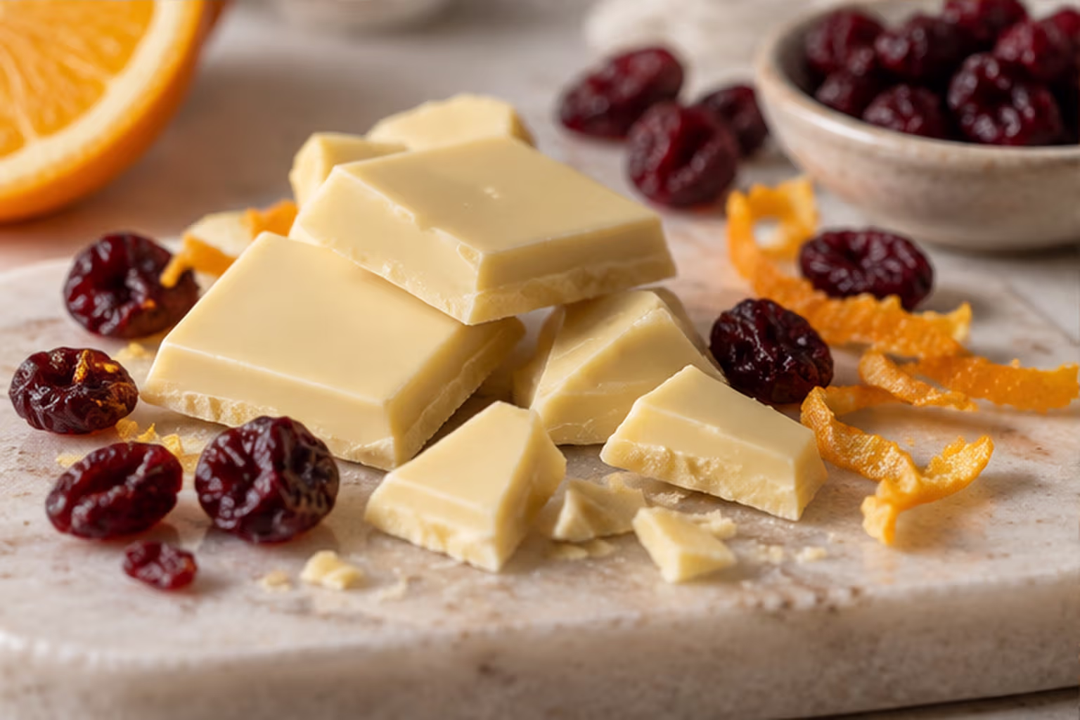 Ivory white chocolate pieces arranged beside dried berries and orange peel
