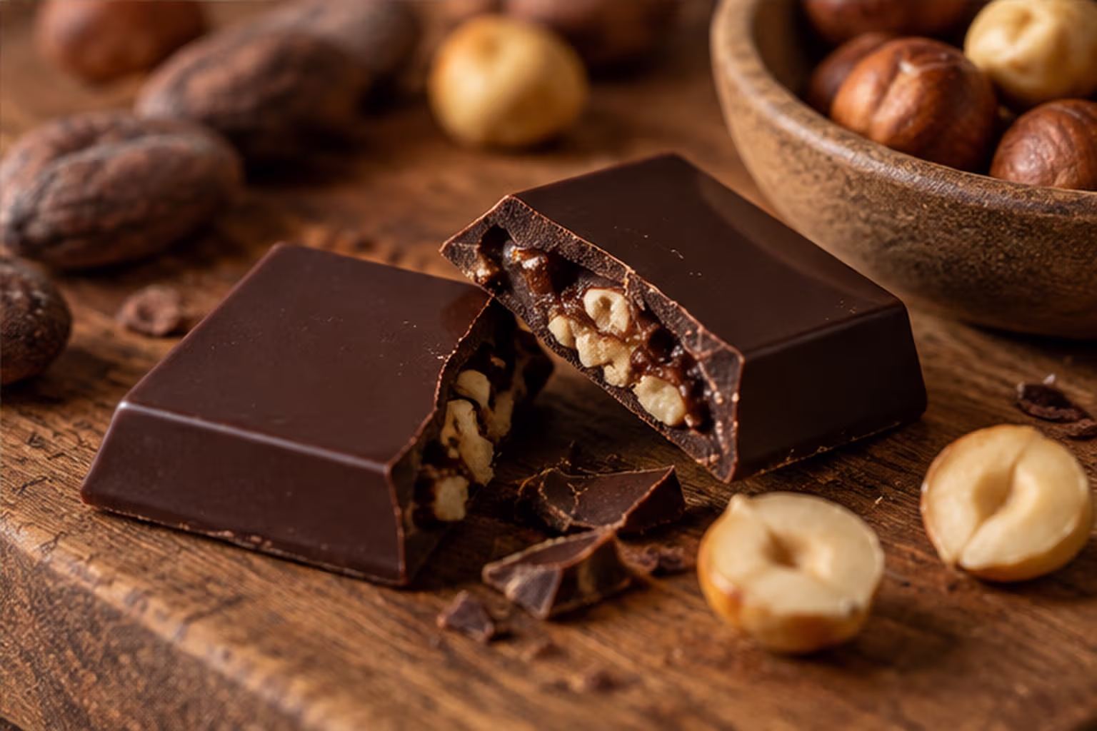 Broken dark chocolate with visible hazelnut pieces beside whole hazelnuts and cocoa beans