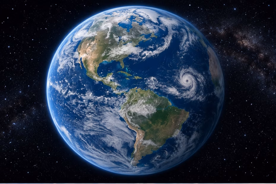 Blue planet Earth with oceans, continents, and cloud systems seen from space