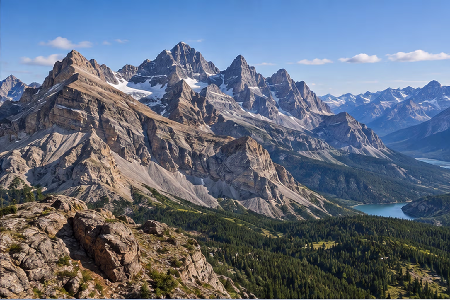 Rugged rocky mountain range with layered peaks and a forested valley