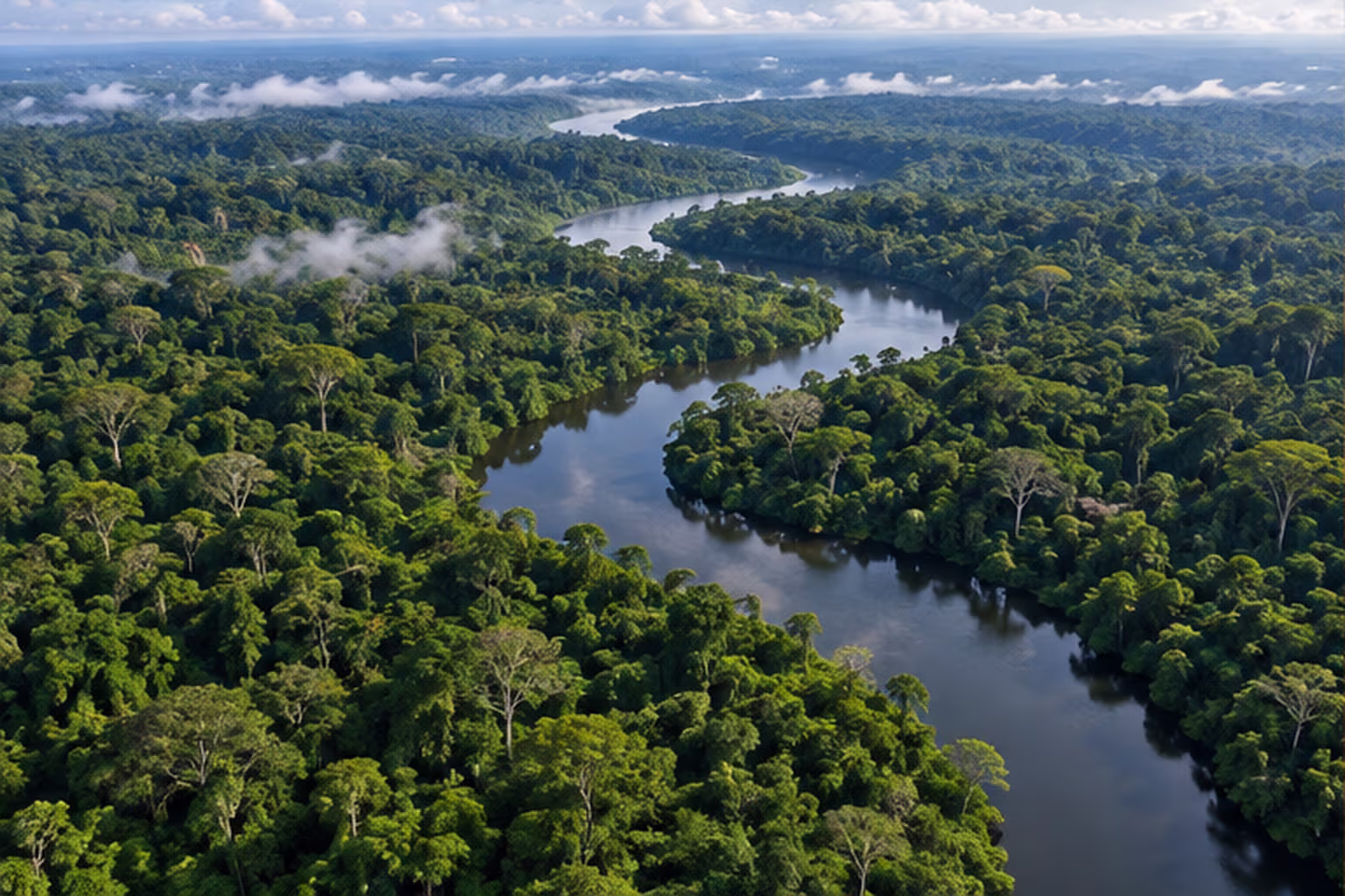 Dense green rainforest canopy with a winding river viewed from above