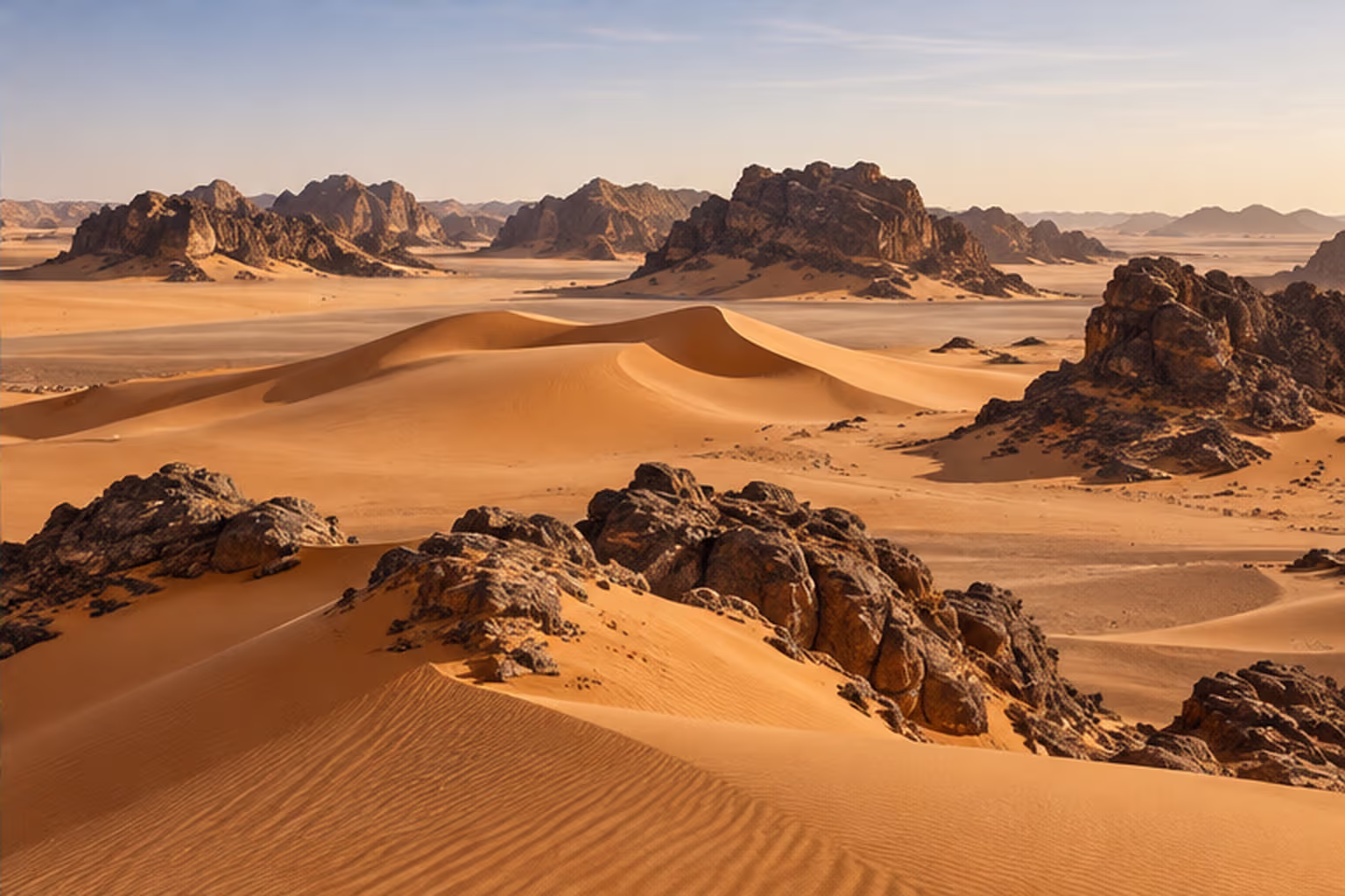 Dry desert with wind-shaped sand dunes and rocky outcrops