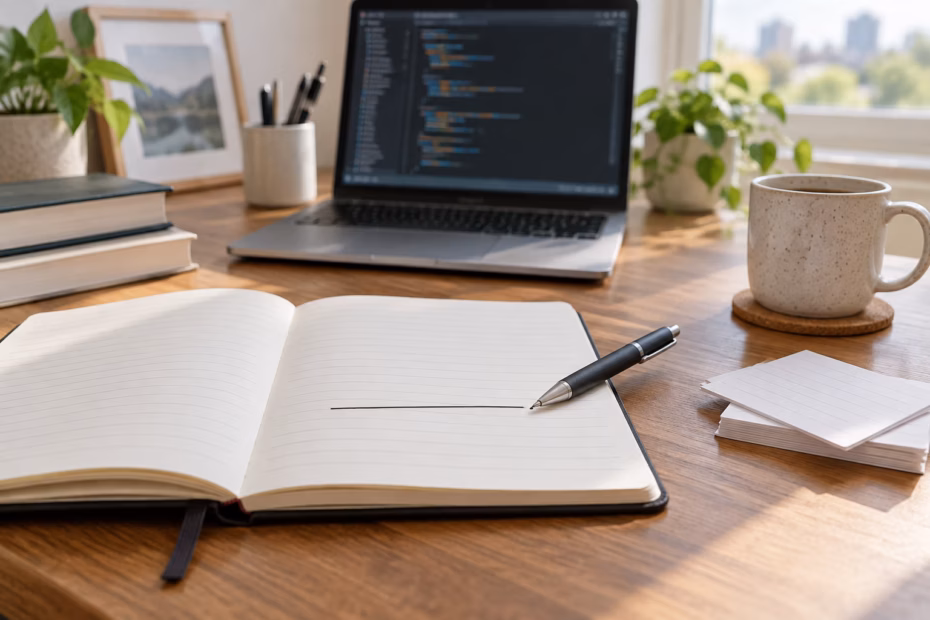 Writing desk with an underlined notebook, laptop, and papers illustrating the word underscore