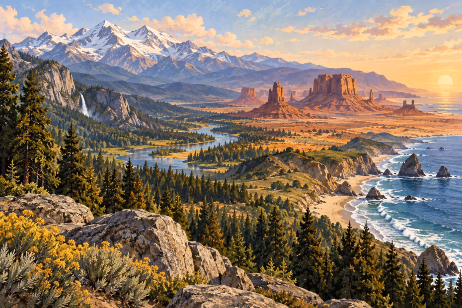 A panorama of mountain peaks, desert mesas, forests, and coastline illustrates the geographic variety of the United States.
