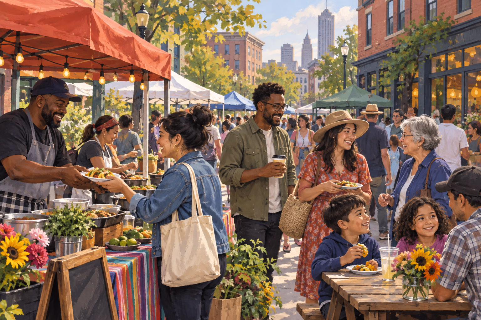 Neighbors meet at a street market, reflecting the many communities, languages, and traditions found across the country.