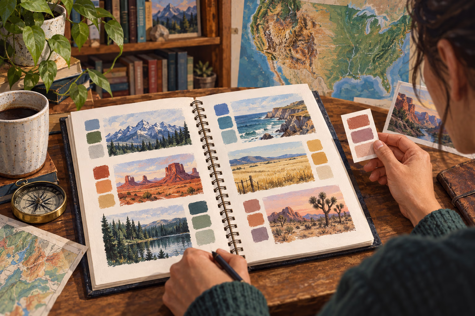 A writer compares landscape sketches and color samples while choosing precise descriptive words for a travel essay.