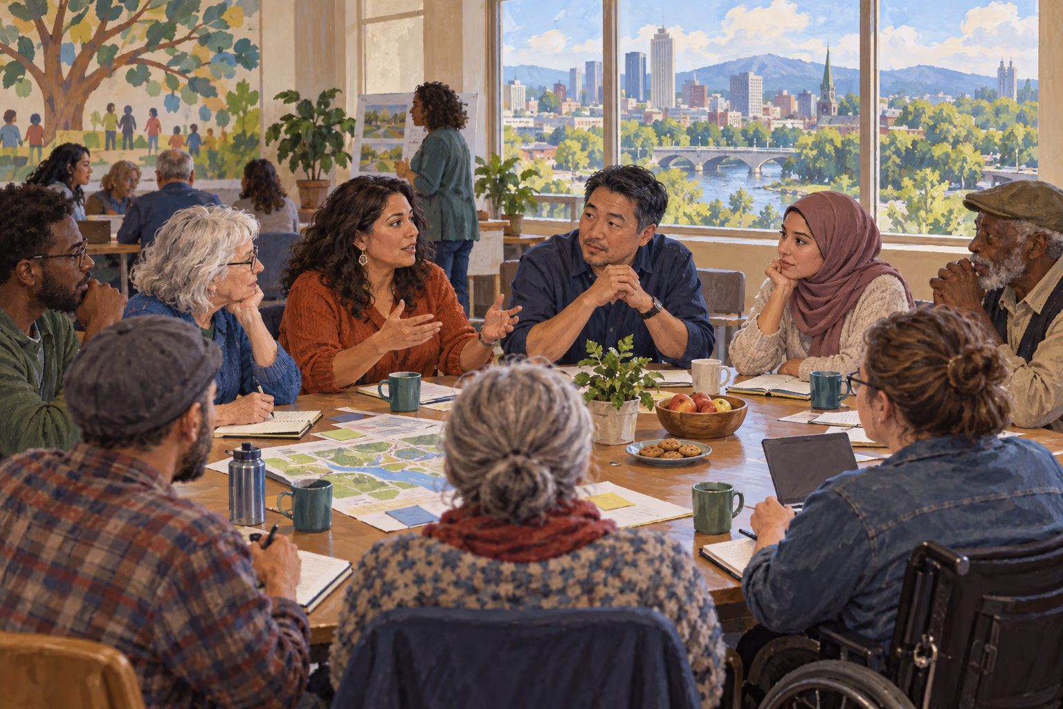 Neighbors of different ages discuss ideas around a table in a community meeting.
