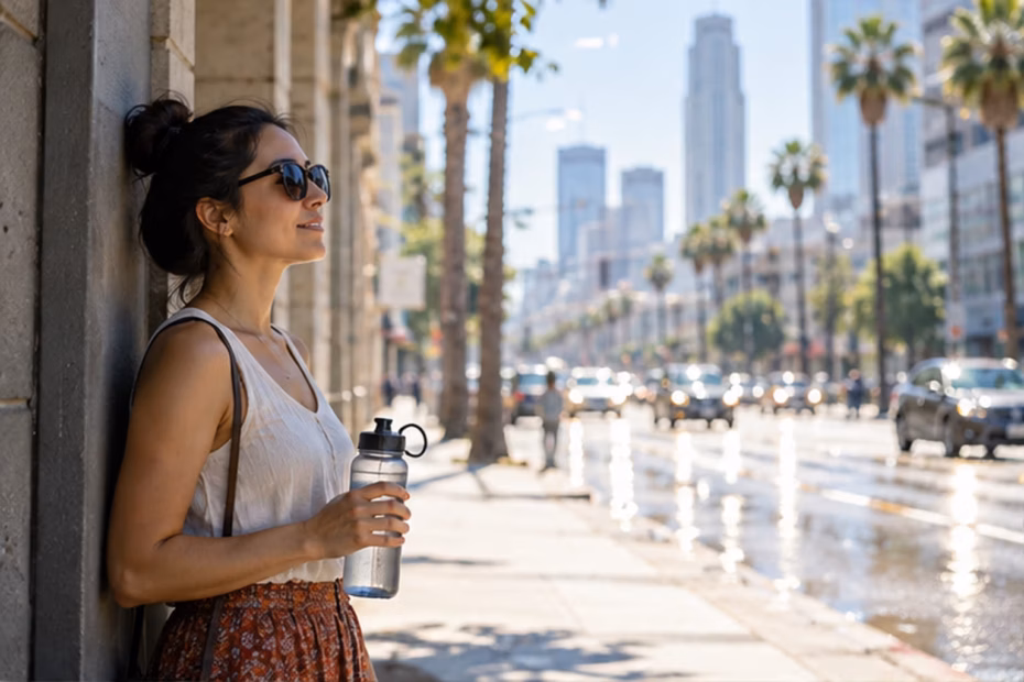 Sunlit summer city street shimmering with heat haze while a person stands in shade