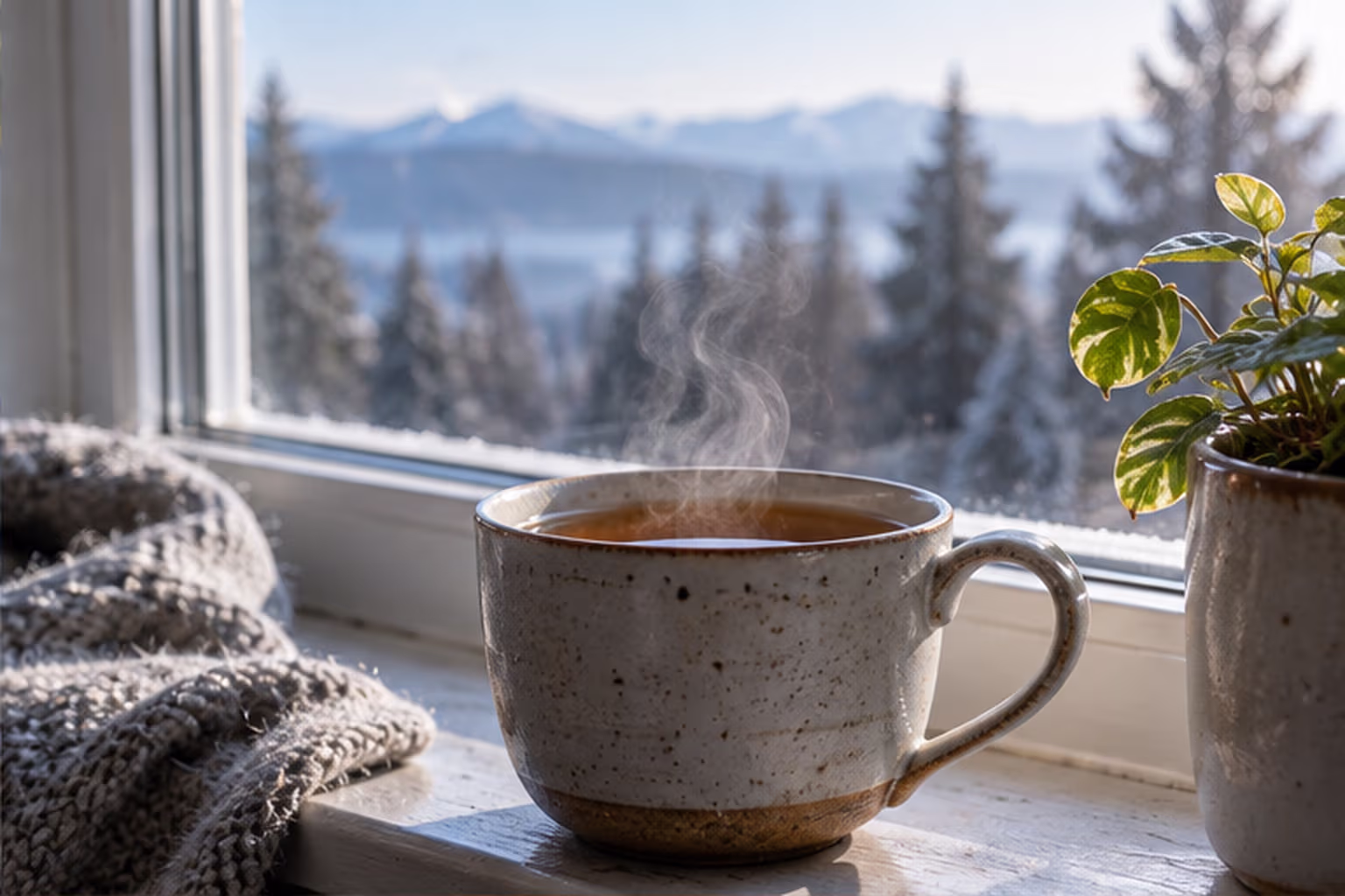 Steaming cup of tea on a windowsill beside a cool winter landscape
