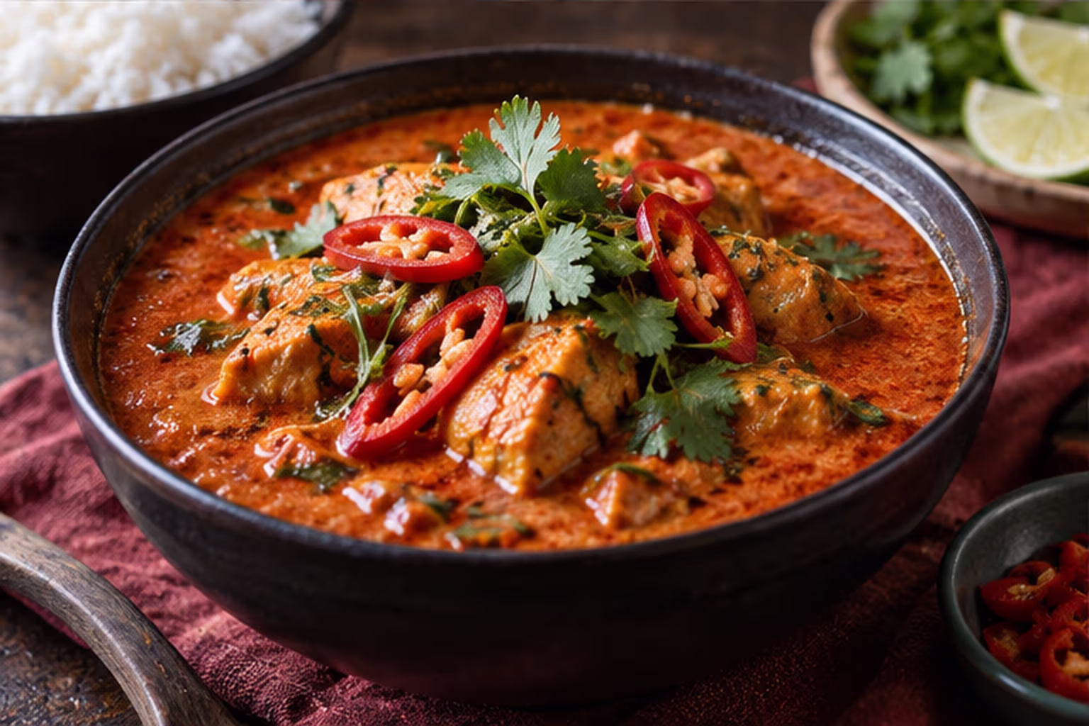 Red chili curry with sliced peppers and herbs in a bowl