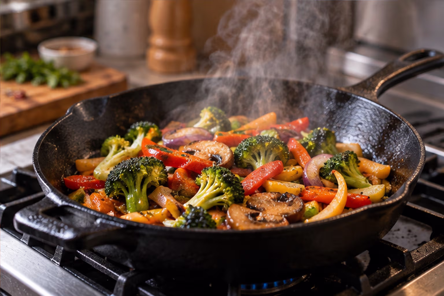 Vegetables sizzling in a hot cast-iron skillet on a kitchen stove