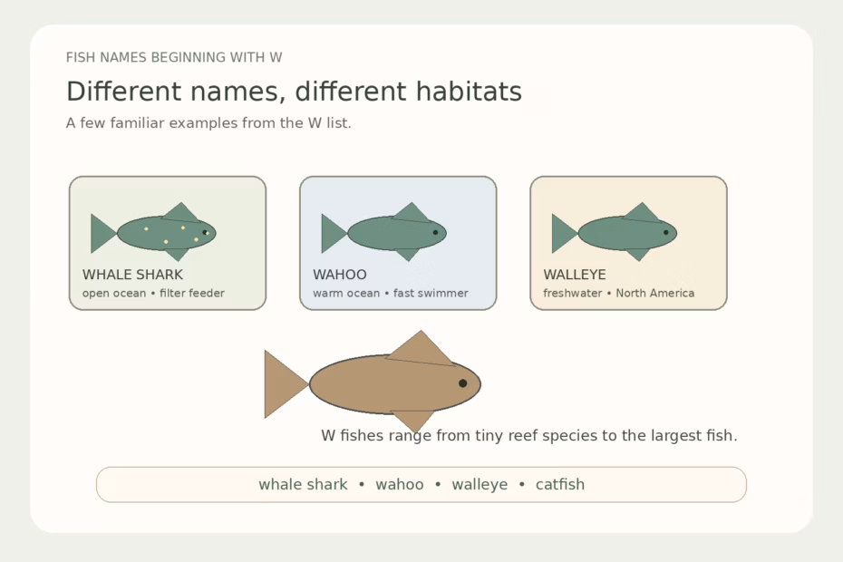 Illustrated comparison of a whale shark, wahoo, walleye, and catfish silhouettes with habitat labels.