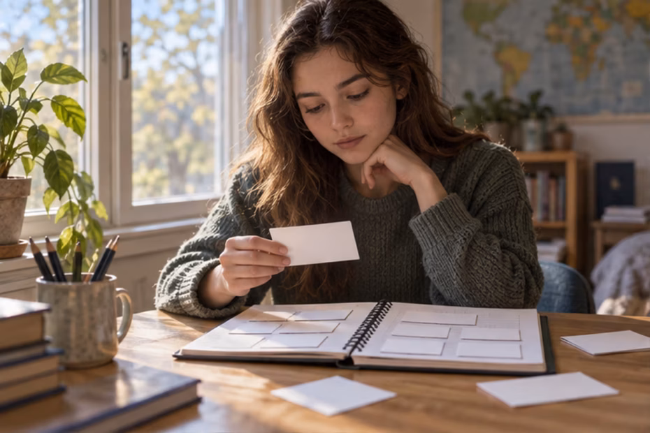 Student sorting blank vocabulary cards in a notebook at a sunlit desk
