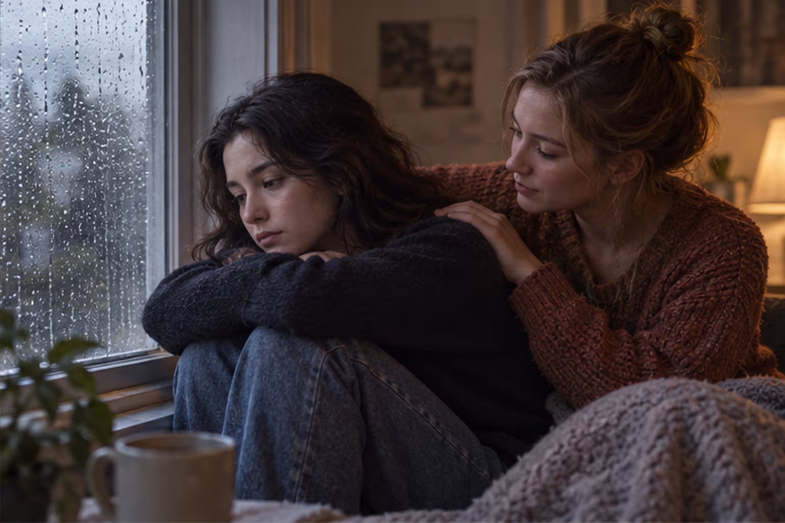One person offering quiet support to a friend sitting sadly beside a rainy window