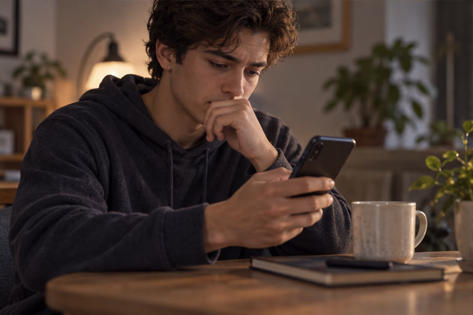 Thoughtful person pausing before sending a message on a smartphone