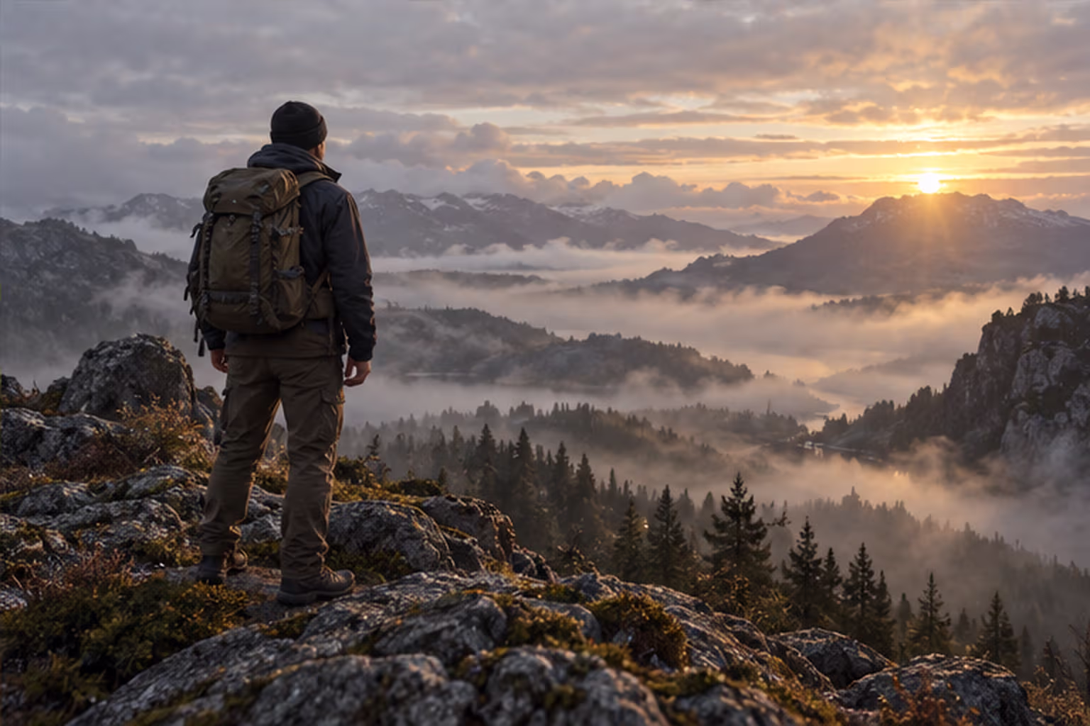 Hiker looking across a misty mountain landscape at sunrise