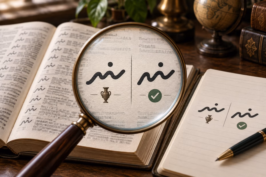 A magnifying glass rests over an old dictionary and notebook as a writer checks a similar-looking word.