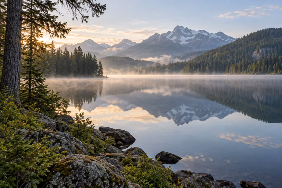 A misty mountain lake at sunrise with calm reflected water and forested shores