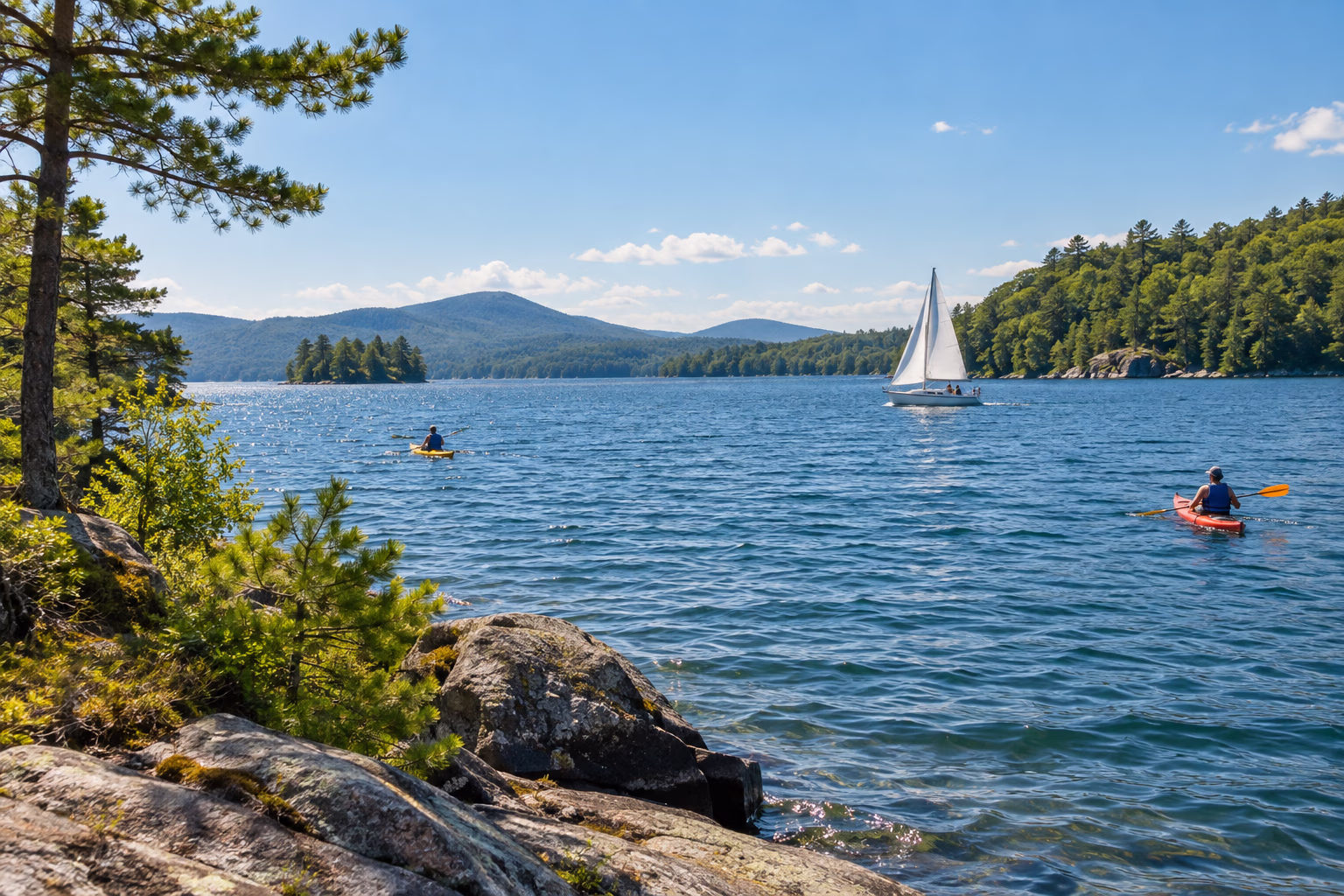 Kayakers and a small sailboat move across a lively lake on a summer day