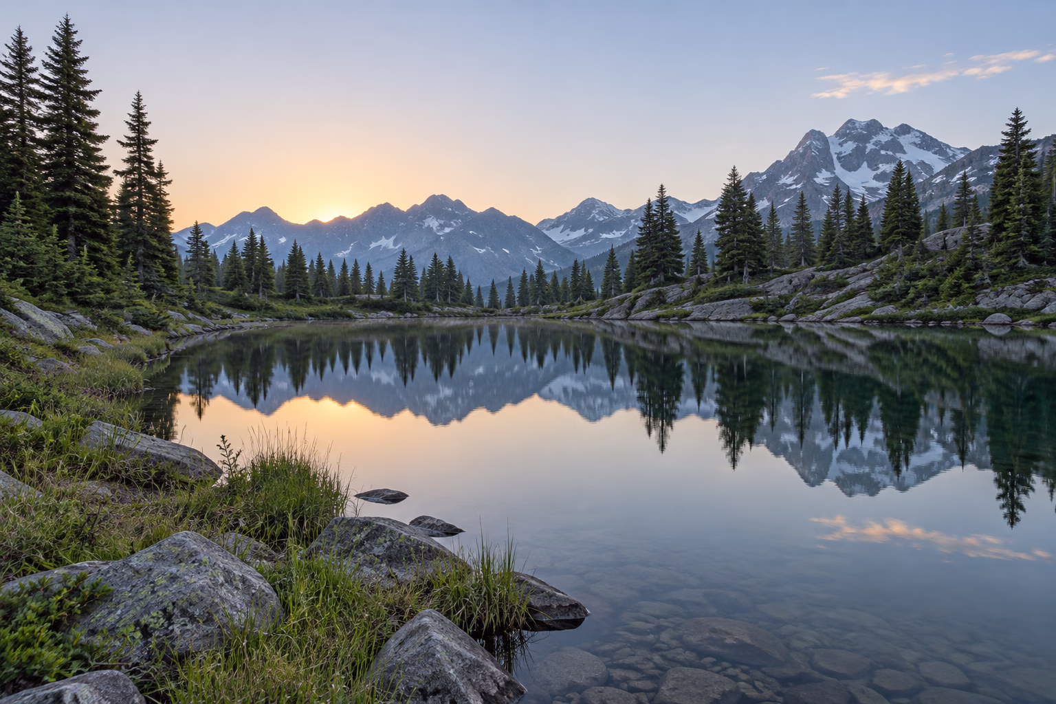 A still alpine lake reflects evergreen trees and distant mountains at dawn