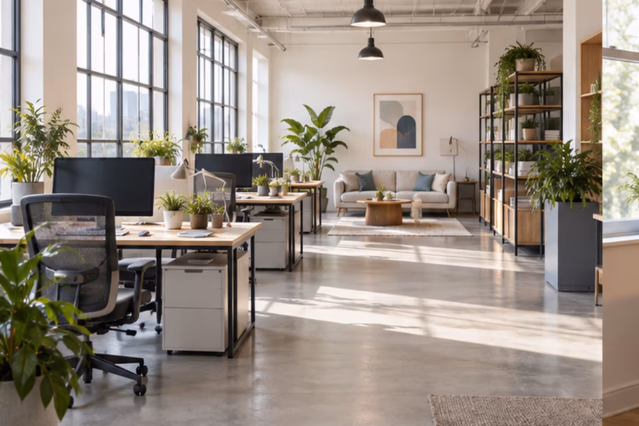 Bright contemporary shared office with desks, plants, large windows, and clear walkways