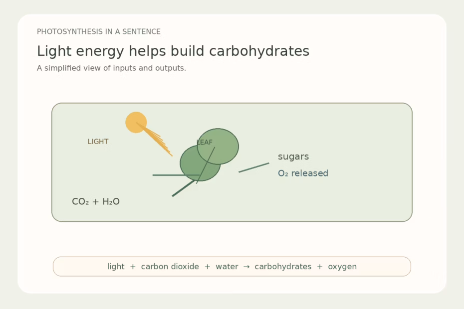 Diagram of a leaf taking in light, water, and carbon dioxide and producing carbohydrates and oxygen.