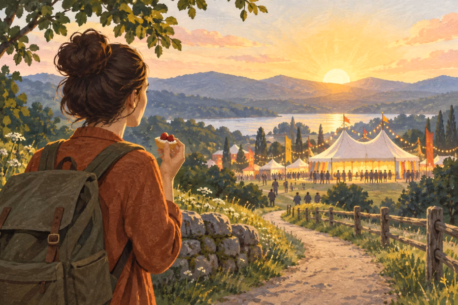A traveler sees a bright festival tent across a sunrise-lit path, a small preview of a larger experience to come.