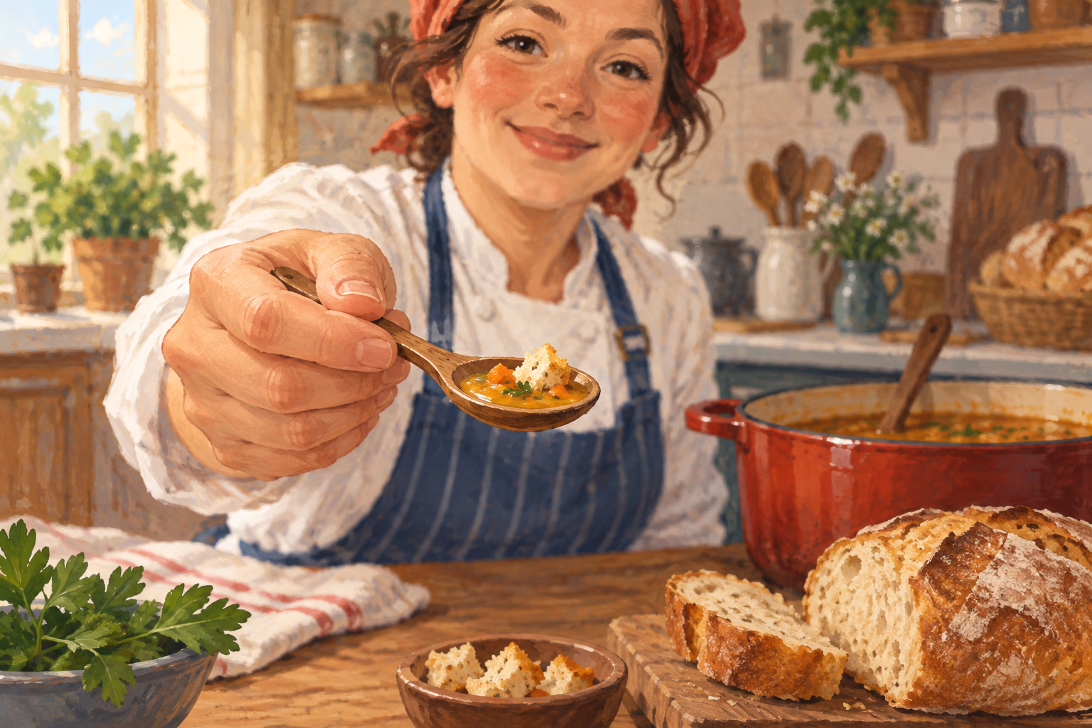 A baker offers a small taste of food before the full meal, a literal sample of what is to come.