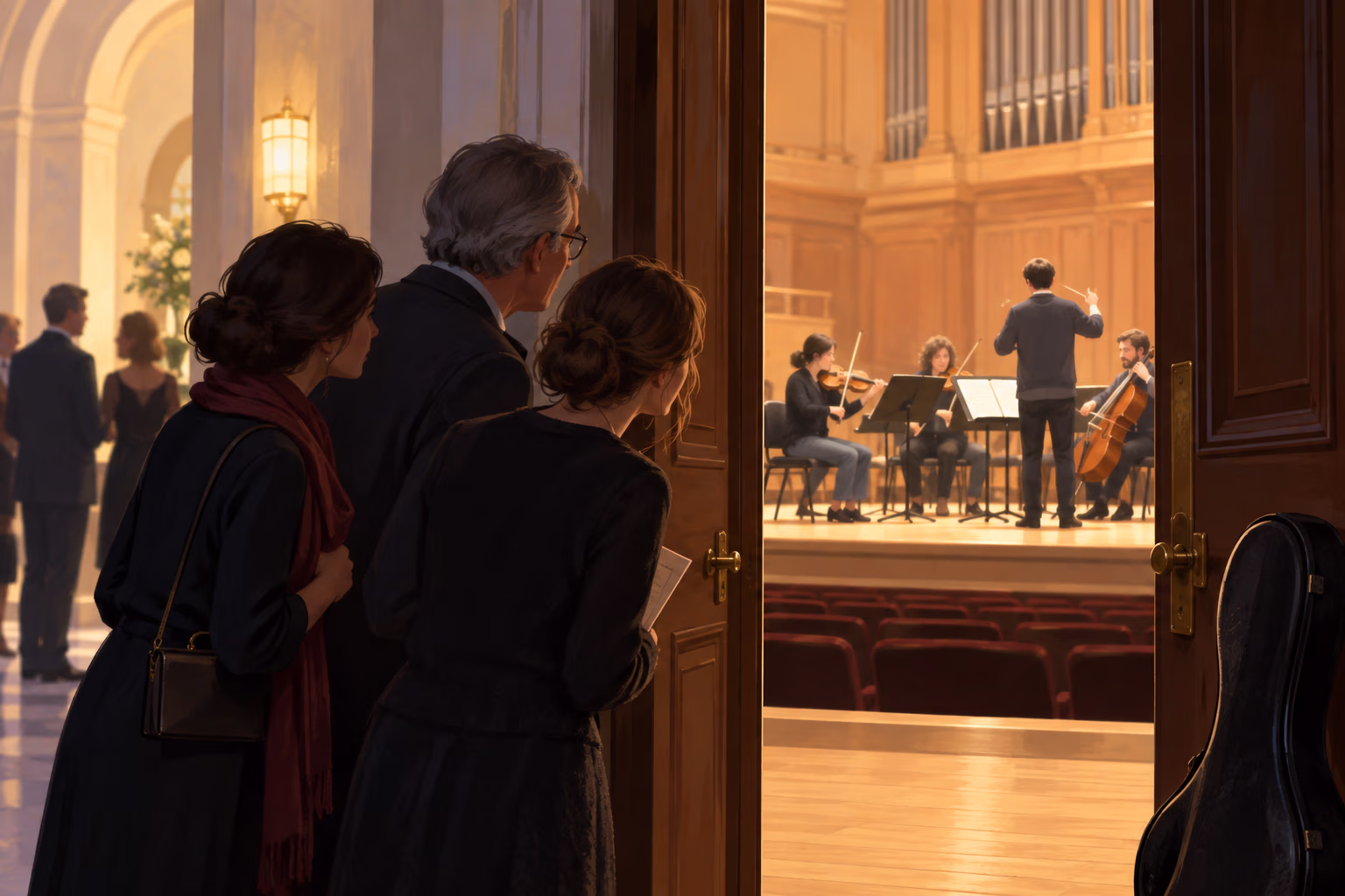 Visitors hear a brief rehearsal through an open door before the full concert begins.