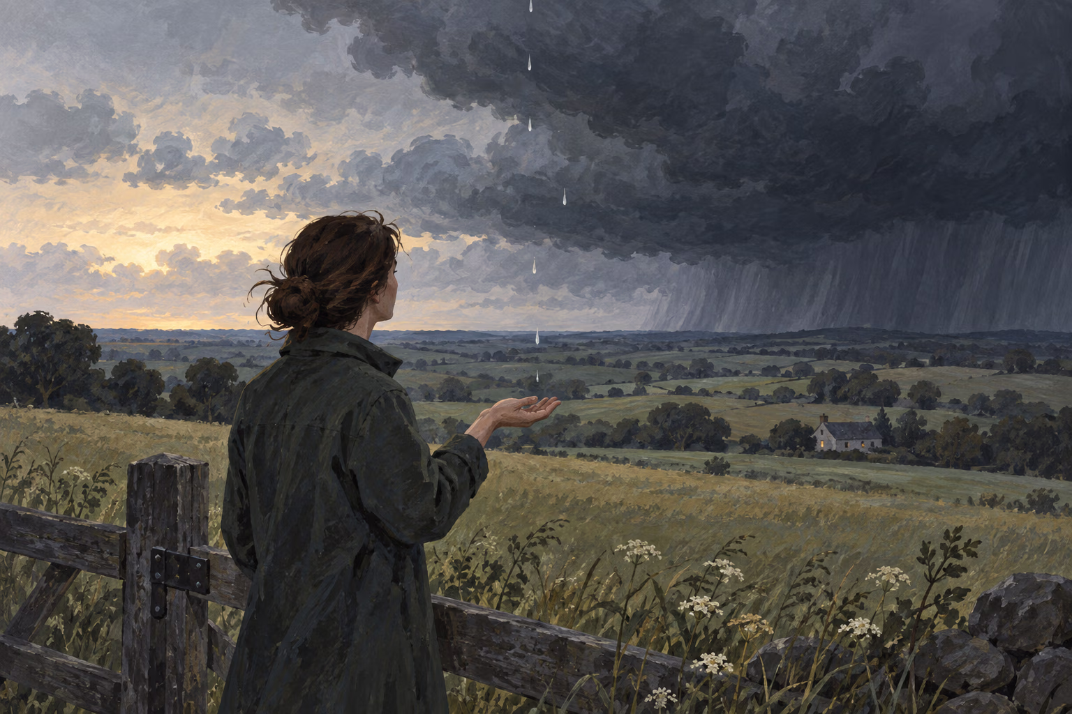 A person watches dark storm clouds gather over a field, hinting at a storm to come.
