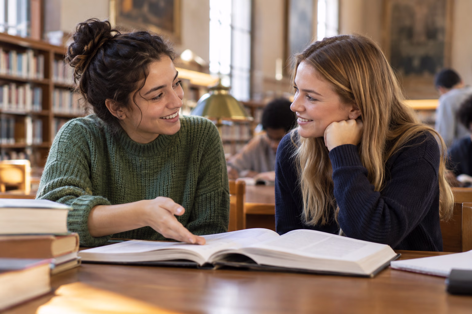 Two students discuss an open book together at a library table