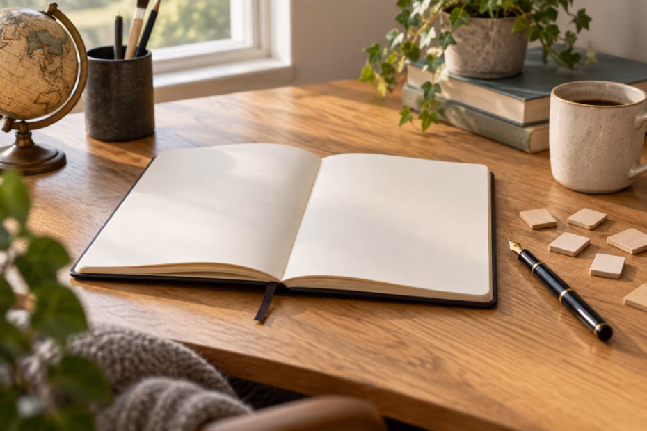 An open notebook and pen on a sunlit desk