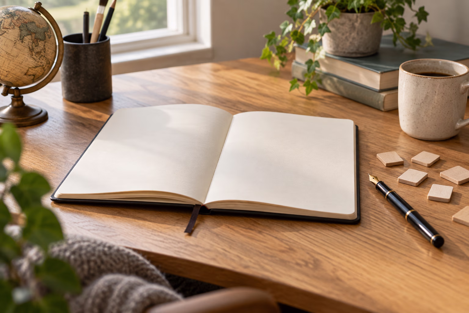 An open notebook and pen on a sunlit desk