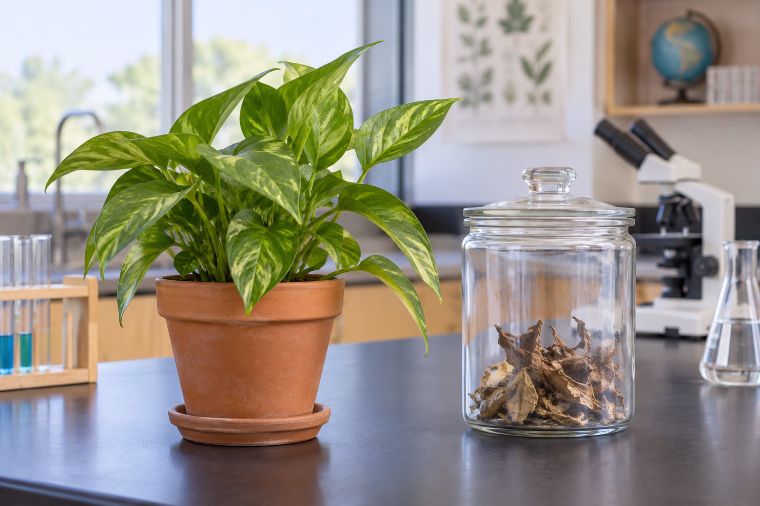 A potted plant beside a closed glass specimen jar in a bright classroom lab