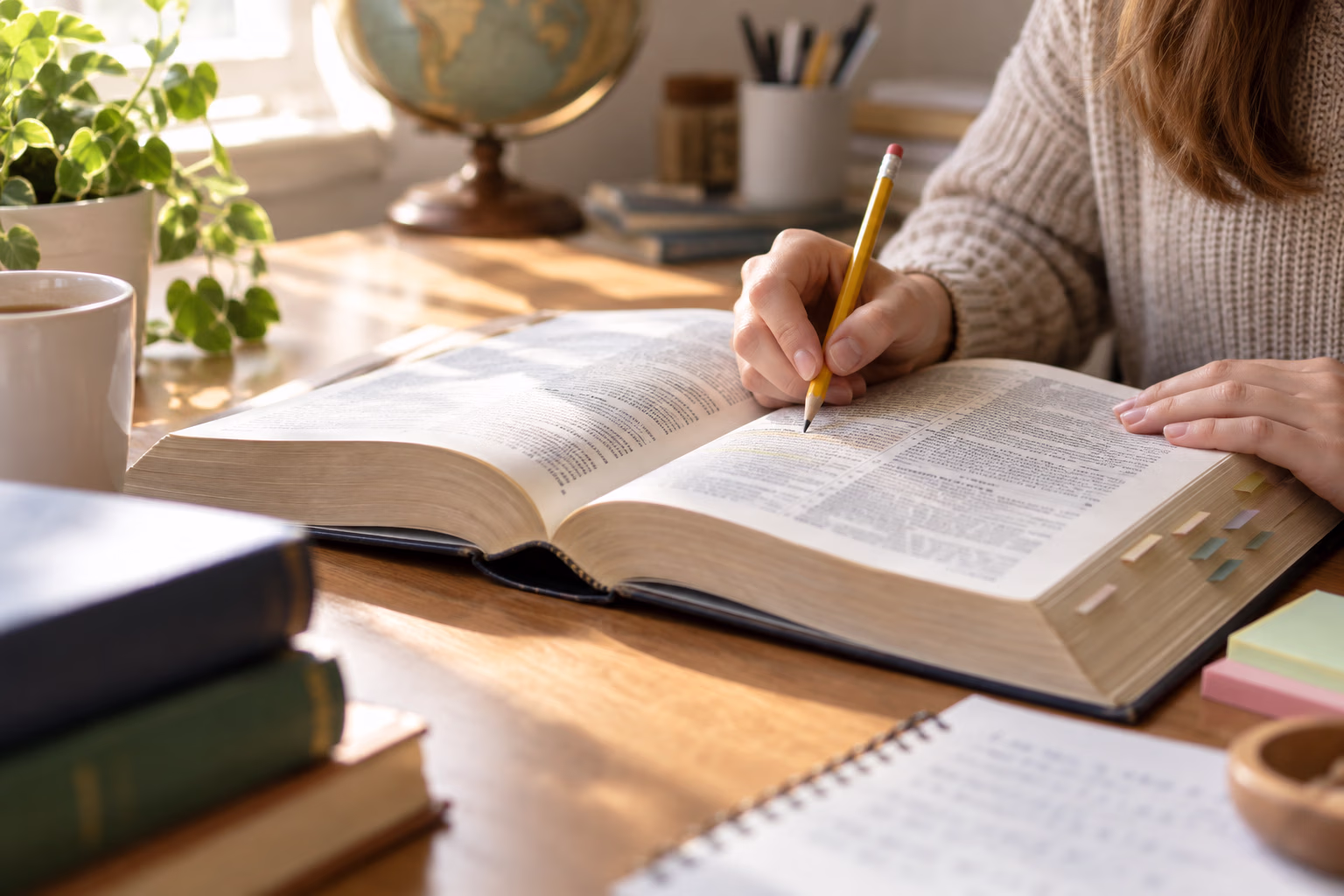 A student annotates an open dictionary at a desk