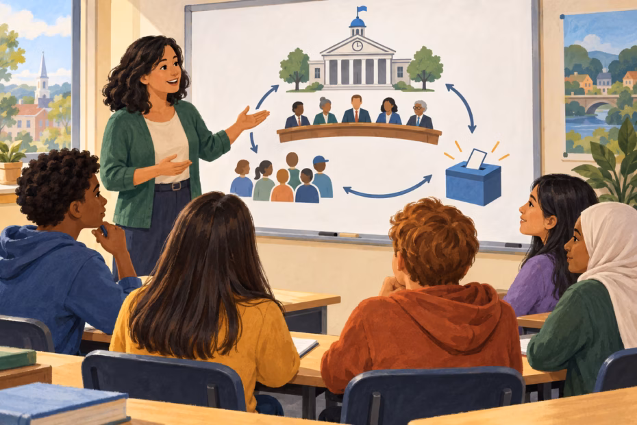 A teacher leads a classroom discussion of local government, using a diagram that connects a town hall, community members, and voting.