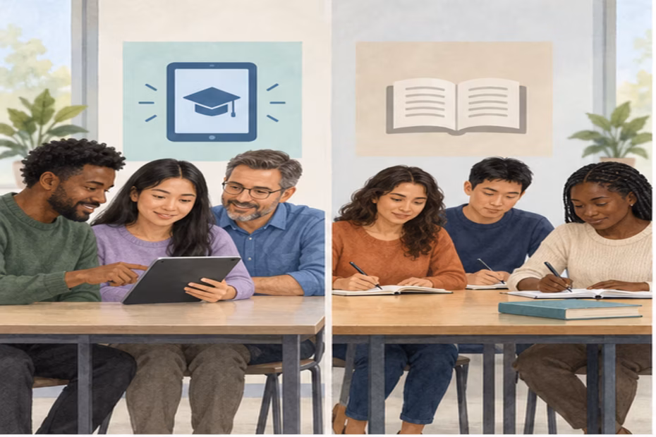 Two groups of adult learners compare a tablet-based lesson with ordinary study materials.
