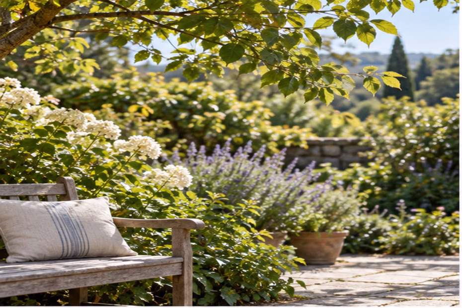A shaded garden bench beneath leaves that stir in a light breeze.