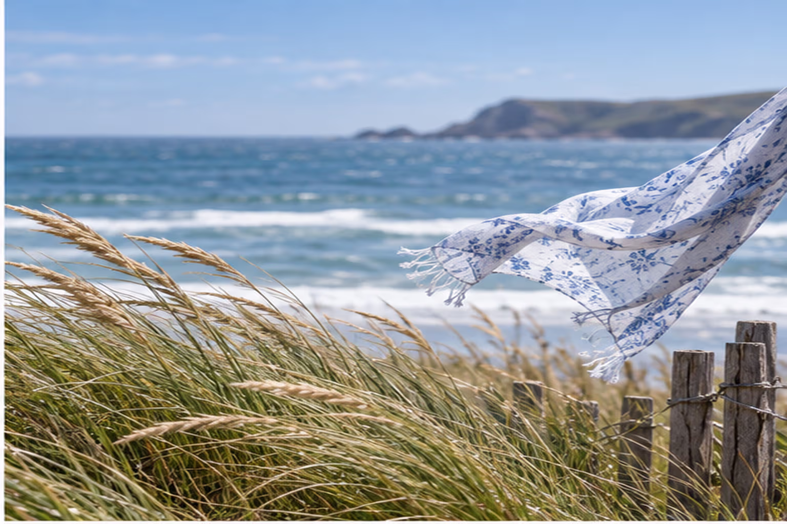 A coastal breeze moves tall grasses and a scarf beside the sea.