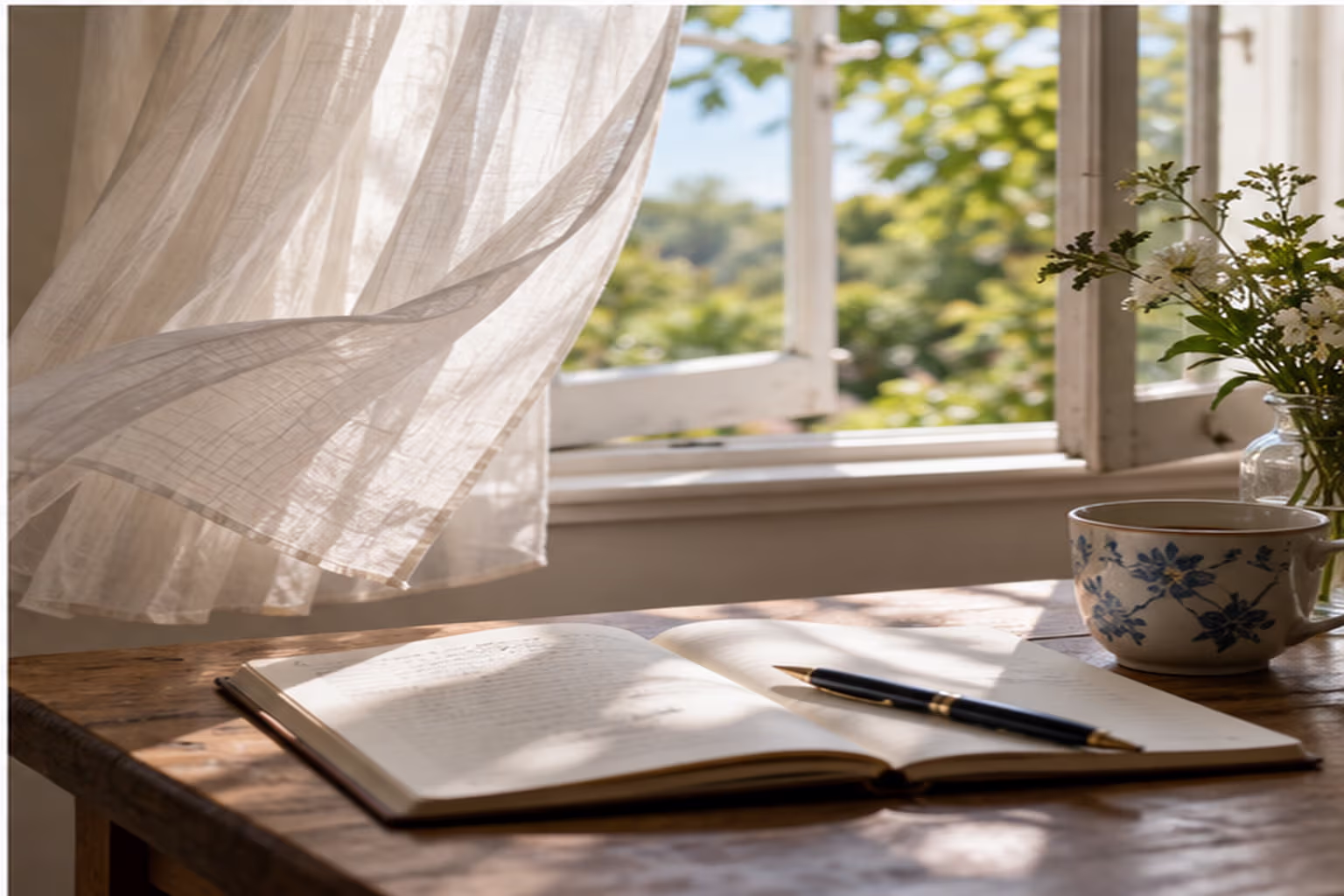A sheer curtain lifts beside an open window and a writer’s notebook.
