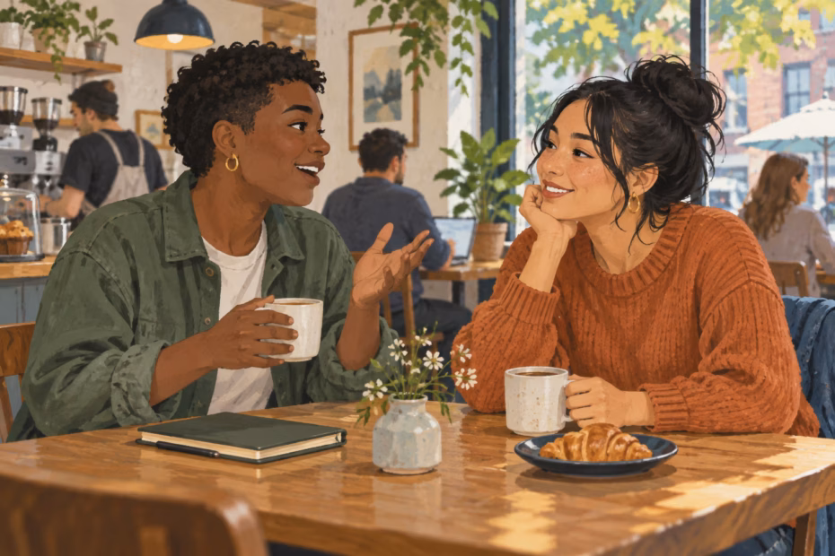 Two friends chat over coffee in a neighborhood cafe, showing the relaxed tone of everyday conversation.