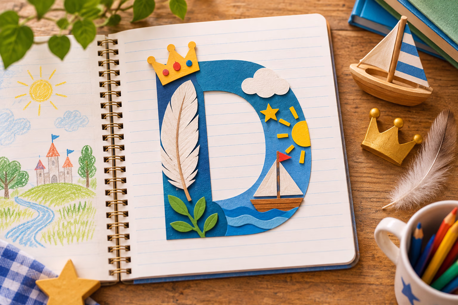 A paper-cut letter D surrounded by storybook props on a notebook
