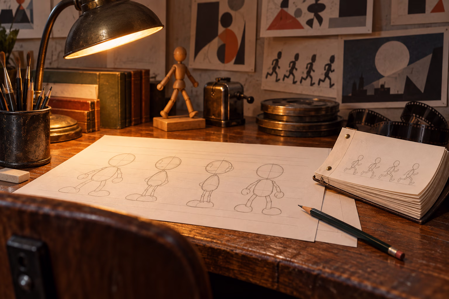 A vintage animation desk with pencil drawings and a flipbook