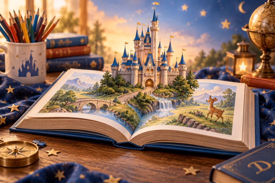 An open storybook showing a fantastical castle landscape