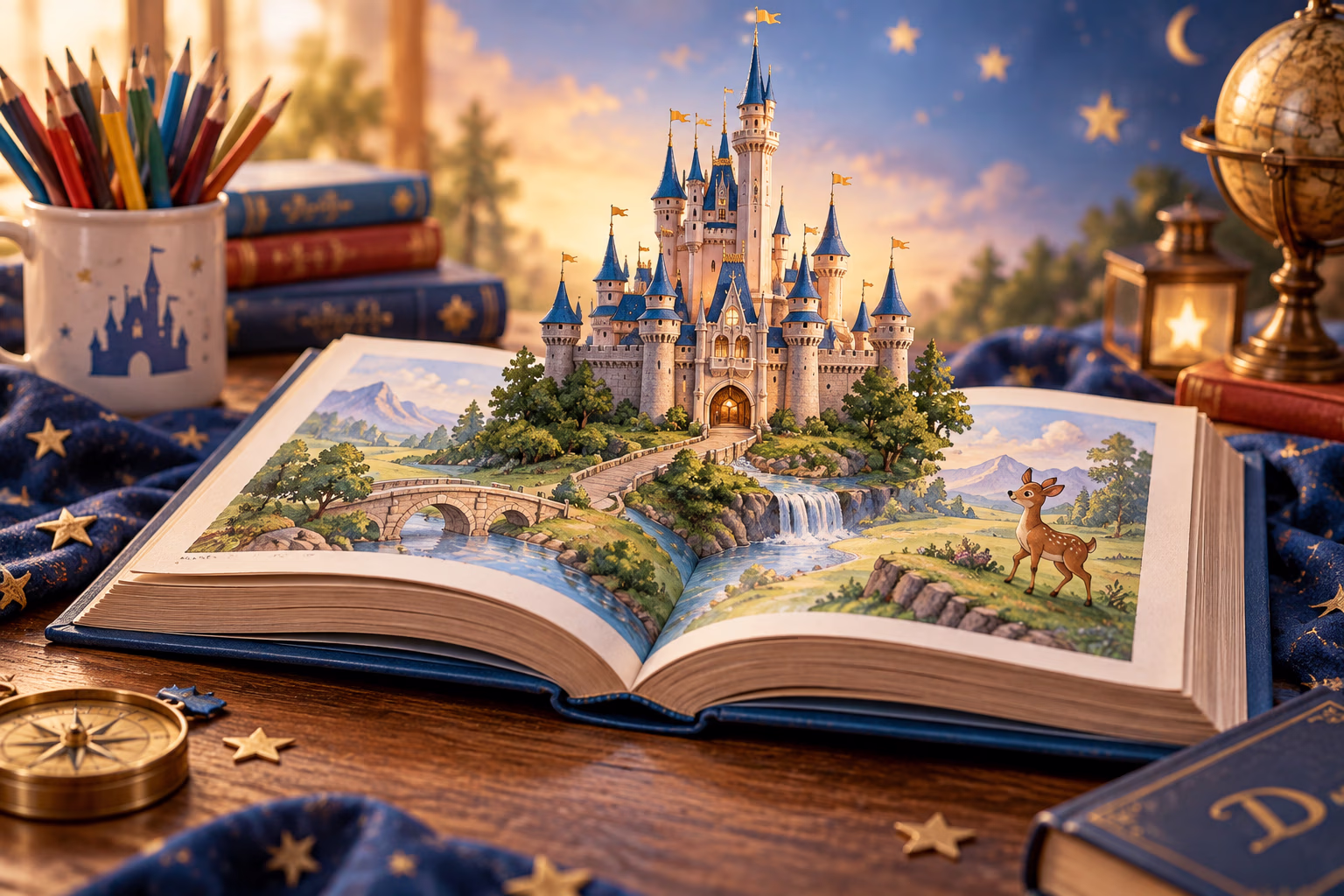 An open storybook showing a fantastical castle landscape
