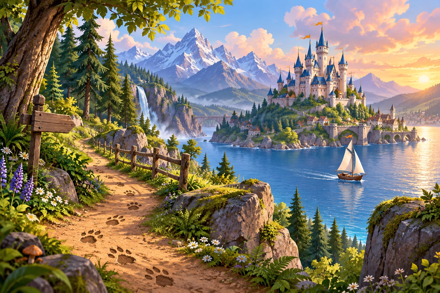 A storybook castle beside a lake and a winding forest path
