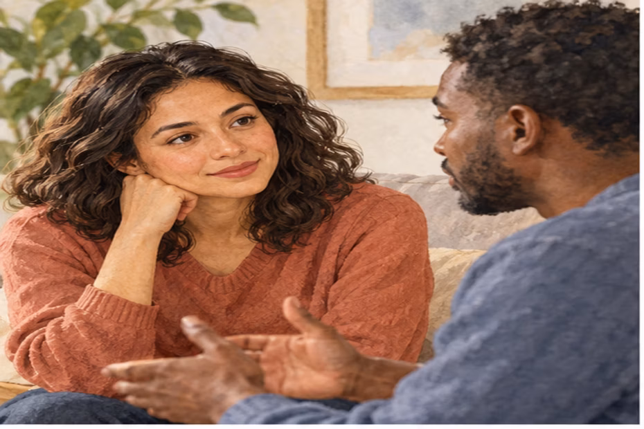 A woman listens closely as another person speaks, illustrating attentiveness and emotional response.